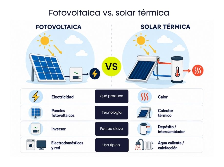 Esquema diferencia entre energia fotovoltaica y energia termica solar Esquema diferencia entre energia fotovoltaica y energia termica solar